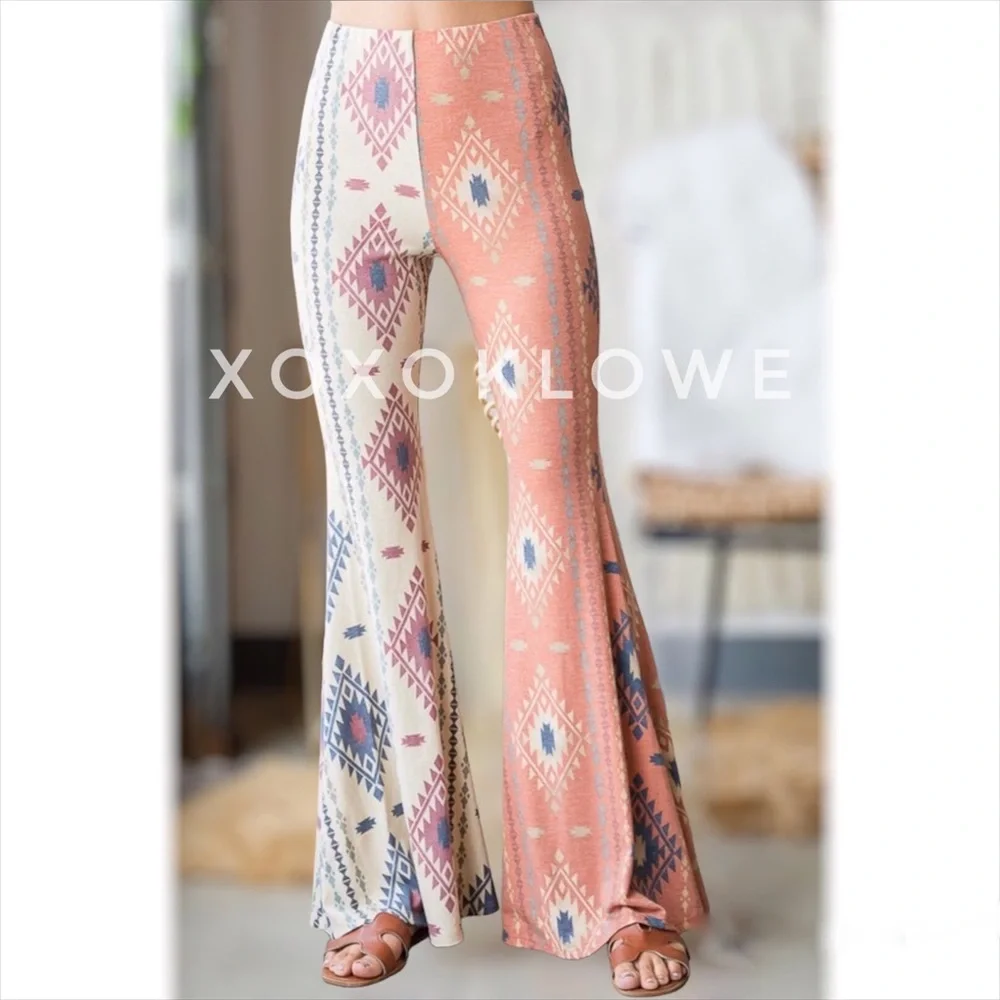 Aztec Print Half & Half Bell Bottom Flares High Waist Slim Fit - Picture 6 of 15